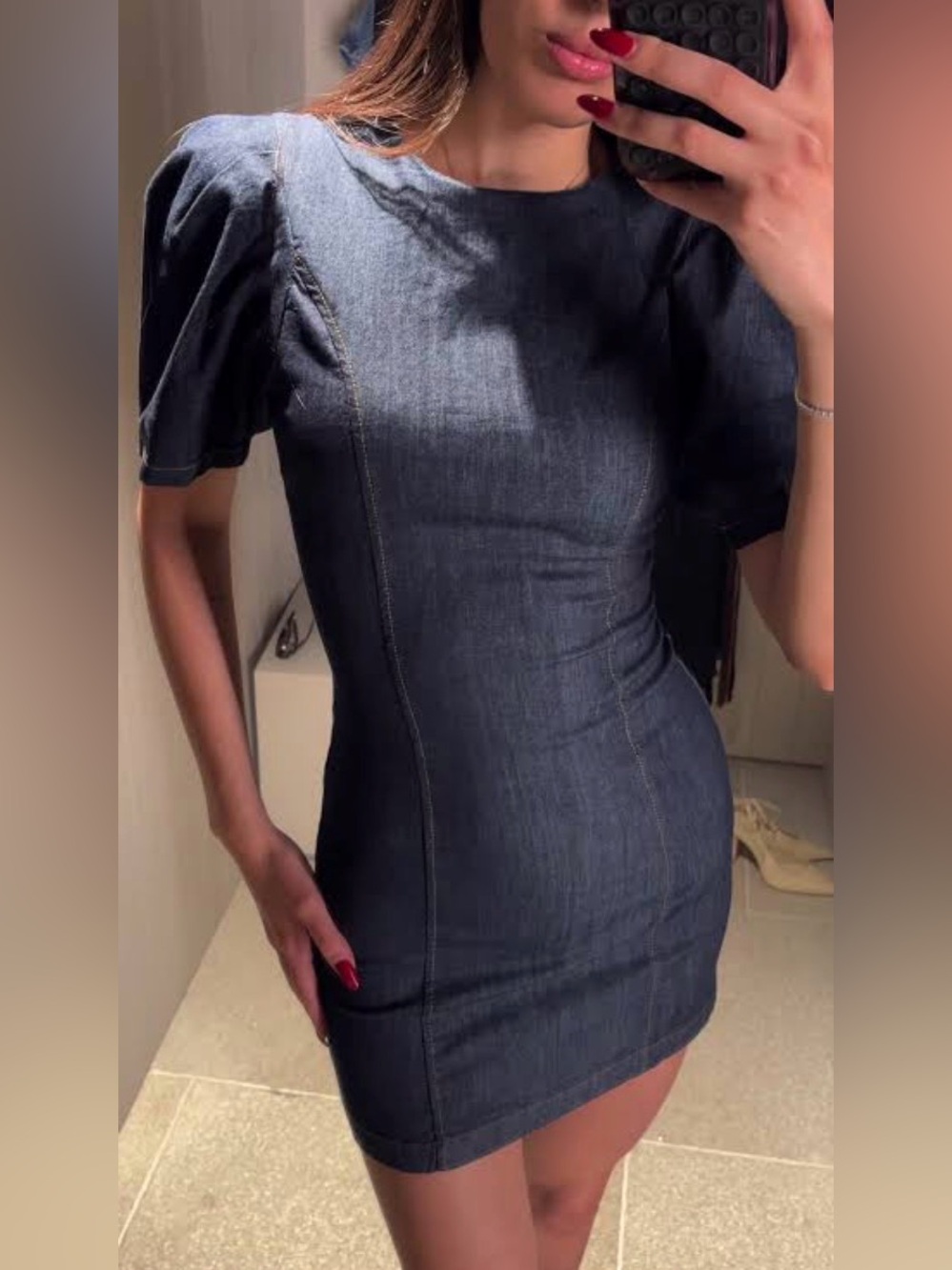 ZARA PUFF SLEEVE MINI DENIM DRESS